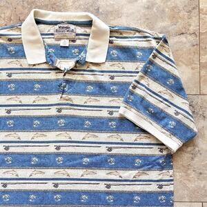 Wrangler Rugged Wear Polo Shirt Sz XL Striped Fish All Over Print AOP 90s Fishin